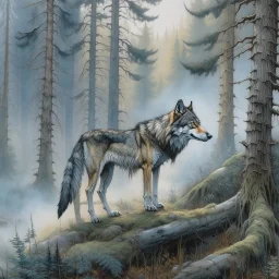 A mesmerizing painting that showcases the captivating beauty of a wolf. The wolf's body is intricately detailed, with its fur rendered in a myriad of textures and shades. At the center of the wolf's body, a stunning watercolor landscape unfolds, capturing the serene atmosphere of a foggy forest. Towering pine trees rise above the mist, their branches delicately outlined against the soft, green sky. A silhouette of a deer stands at the forest's base, gazing intently into the distance. The predomi