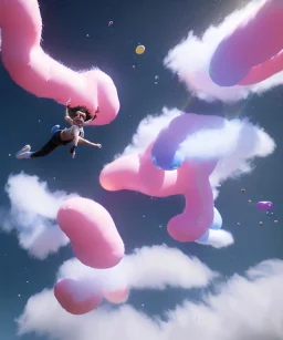 Ultra realistic speed clouds sky scene, wide angle view, sweet men falling down, Childs, feather inflatable color clothing, free jumping flying, many trinkets, hair monster, many jelly beans, balls, color smoke, smile, happy, circus style, extreme, wind, clouds sea, 20,000 feet altitude, stratosphere, soft color, highly detailed, unreal engine 5, ray tracing, RTX, lumen lighting, ultra detail, volumetric lighting, 3d, finely drawn, high definition, high resolution.