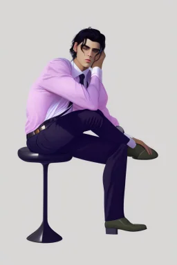 A guy with black hair, sitting on a chair, wearing a beautiful white shirt with pleats. in trousers with pleats