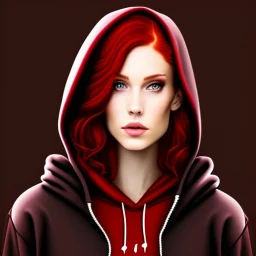 A sassy beautiful woman with dark brown eyes and shoulder length red hair wearing a black hoodie. Realistic.