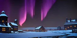 Medieval fantasy Cattle farm in a bleak cold land, northern lights