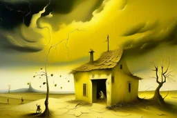 A pale ivory yellow district with a voodoo house in a thunderstorm painted by Salvador Dali
