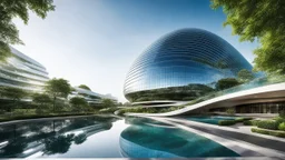 A futuristic skyscraper designed with sweeping parabolic curves, where the entire façade is made of reflective glass. The building rises gracefully toward the sky, with its symmetrical parabolic arc creating a sense of balance and elegance. Surrounding the structure are lush gardens and flowing water features that mirror the curves of the building. Photograph.