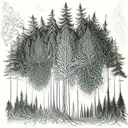 Sketch a composition where intricate smoke patterns transform into a forest of towering trees made entirely of crushed weed leaves, filling the canvas with a surreal and visually captivating asymmetrical patterns. Pencil sketch Drawing