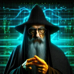 Cyberse wizard using glasses with matrix backgroud
