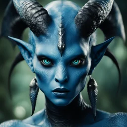 extraterrestrial femine being, blue skin, big black eyes, horns, angry, reptilian mode