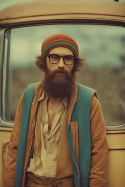 Hippie bohemian young man with Parisian bohemian look and glasses of colours and poor and short short short and poor hair on the head with receding hairline. Farsightedness glasses with big eyes. Long beard. Vintage look and feel like photo styleof the 70s