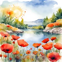 Summer day with sun by the lake,poppies, watercolor, ink. Picturesque and colorful. Shiny colors of a bullring