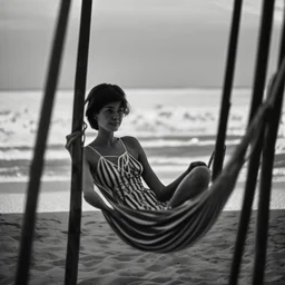 mujer sentada en una hamaca de madera en la playa, fotografía real, fotografía realizada con un cámara Fuji y objetivo de 35mm, fotografía en blanco y negro, tono años 60