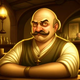 A peeved fat balding Italian man with mustache in a medieval fantasy tavern