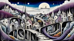 whimsical, weird long thin houses stand in village in weird whimsical landscape with long two bridges, , futur-surreal vibe with abstractions, around surreal cracked painted weird land with deep dark purple, gray, black, white, brown pale blue colors. style of Chagall , of Minjae Lee and Tim Burton, absurd beauty picture. weird bizarre absurd, nightmare, big neuron network clouds background and thin bridges, too big, too elongated shapes, psychedelic dream