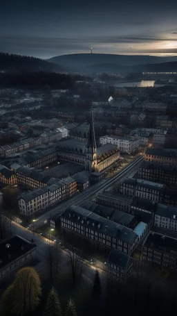 drone shot of Trondheim, shot on Hasselblad h6d-400c, zeiss prime lens, bokeh like f/0.8, tilt-shift lens 8k, high detail, smooth render, down-light, unreal engine, prize winning