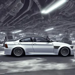 Bmw, parking sous-terrain, fleur, chrome,concept art, synthwave