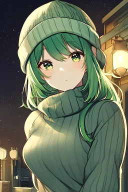 masterpiece, best quality, 1girl, green hair, sweater, looking at viewer, upper body, beanie, outdoors, watercolor, night, turtleneck