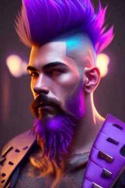 photorealistic, hyperdetailed painting, luminism, Bar lighting, complex, purple mohawk, 4k resolution concept art, Artgerm, WLOP, Alphonse Mucha, 3d render, octane render, intricately detailed, cinematic, awesome full color, hand drawn, dark, gritty, cinematic, purple beard, wyvern