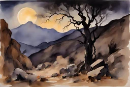 Night, mountains, rocks, dry trees, gothic horror films influence, john singer sargent watercolor paintings