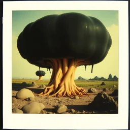 Photography polaroid of a random landscape with massive odd Yves Tanguy incomprehensible style Surrealism, glossy, organic, creepy tumor mass growing, strong texture, fiotti di liquido nero, horror, panic, obsessive, hypnotic