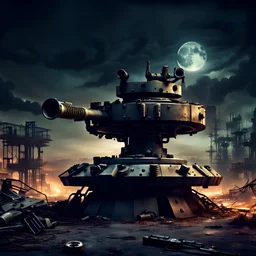 machine gun turret, night, post-apocalyptic background