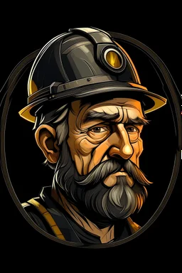 coal miner portrait as icon for an app or logotype. A little tired, A little dirty. He keeps a vertical hack besides his right shoulder. He wears а headpiece with a headlight