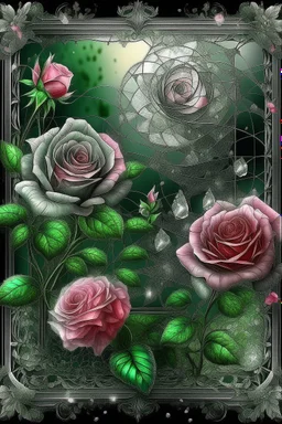 beautiful landscape elegant blooming pink roses and daisies, lots of greenery, sequins, dew filigree, smoke fractal, spiral space outside the window, hyperrealism, glitter, glare, hyperdetalization. vintage, inlaid outline in black pencil, aesthetically pleasing, beautiful, realistic, high resolution, high detail