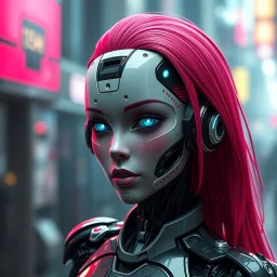 a cyberpunk female android robot, bright hair, futuristic, dystopia, stylised, digital art, 3d render