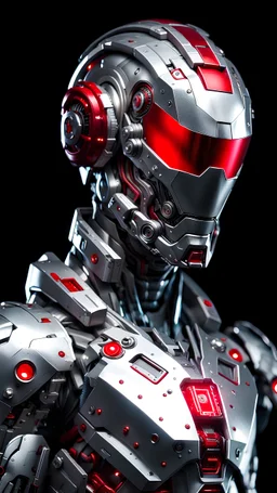 Cyborg in a silver mechanical suit, helmet with a red visor instead of eyes, half face, epic pose, black background