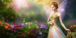 bright fairy, beautiful portrait, flowery landscape