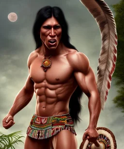 native american warrior, long black hair, big muscles, face up, mouth wide open, scream face, shirtless, looking to the sky