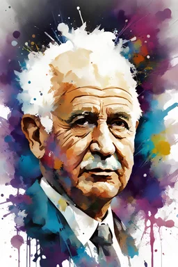 modern colored oil style of David Ben Gurion, white background, color splashes