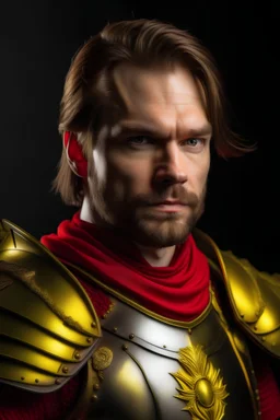 portrait of a handsome 35 year old warrior, langer Haar-Zopf, powerful, in armor, red and yellow
