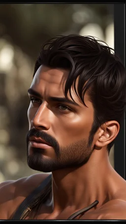 Portrait of an Olive skinned Man, very muscular, very handsome with short dark hair and a neatly trimmed beard, photorealistic