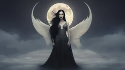 a woman with long black hair standing in front of a full moon, natalie shau, natalie shau tom bagshaw, cgsociety 9, exquisite digital illustration, moon goddess, chris saunders, lunar goddess, in style of anna dittmann, fantasy art behance, elegant cinematic fantasy art, gorgeous digital art, goddess of the moon, stunning digital illustration