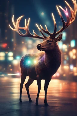 magical elk,sparkle ,realistic, night time, urban city background, exotic realism, beautiful colorful volumetric lighting, sharp focus, depth of field, masterpiece