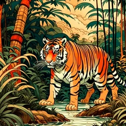Indian tiger art like this https://www.sundarbanwildlifetourism.com/wp-content/uploads/2022/05/sundarban-tiger-safari-india.png in ukiyo-e art style with inspiration from the gucci tiger