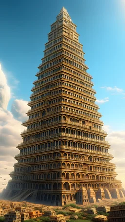 huge babel tower reaching above the sky