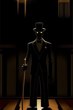 A shadow man standing behind the movie theater, his face is black, with light red eyes and sharp teeth, he is wearing a formal suit and a black hat, and he is holding a golden cane.