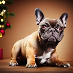 Portrait of a french bulldog with brown fur celebrating new year and christmas