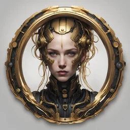 create me a thin round laurel golden portrait rim. not real laurels. but mechanical cyberpunk laurels. background should be black