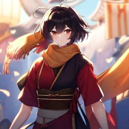 Clear Focus, High resolution, white fluffy short hair with one red streak in hair, ahoge, wearing a red black and golden scarf, short sleeve is white and a slight hint of red, top half of body is a samurai outfit, one side is white and other is black and red, sleeve 2 is black but the at the end its a wavy gold, wearing a black short skirt,