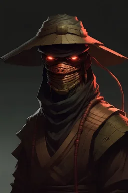 ronin cyberpunk character with straw hat and oni mask