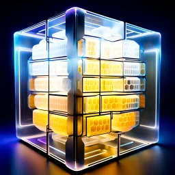 futuristic translucent neurocube, inside the cube there are perpendicular partitions of honeycomb plates, ambient lighting