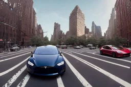 A Tesla 'Model S' is drifting at high speeds, near the Flatiron Building in Manhattan. (CINEMATIC, WIDE ANGLE LENS, PHOTO REAL)