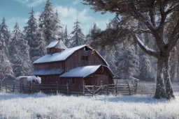 A 3D scene of a cute barn, December, snow, Pixar, Dreamworks, Disney, C4D, fun