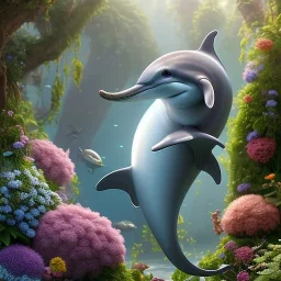 pixar style, volumetric summer garden environment and background, realistic painting of a cute dolphin, looking excited, detailed digital painting, extreme dense and fine fur, anime, ornate, colour-washed colors, elegant, small minutiae, tiny features, particulars, centered, smooth, sharp focus, renderman gofur render, 8k, uhd, detailed eyes, realistic shaded volumetric lighting, sunlight caustics, backlight, centered camera view