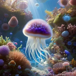 pixar style, volumetric summer garden environment and background, realistic painting of a jellyfish, looking excited, detailed digital painting, extreme dense and fine fur, anime, ornate, colour-washed colors, elegant, small minutiae, tiny features, particulars, centered, smooth, sharp focus, renderman gofur render, 8k, uhd, detailed eyes, realistic shaded volumetric lighting, sunlight caustics, backlight, centered camera view