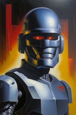 1970's dark fantasy cover dnd style oil painting of robocop in a minimalist far perspective.