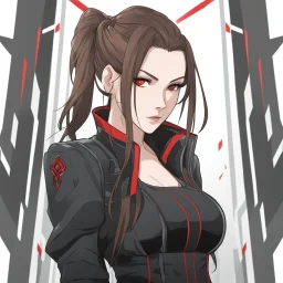 A portrait headshot of a confident looking young woman with pale skin, red eyes, and long brown hair pulled into a ponytail in a dark modern setting with intricate details. She is wearing black and red casual clothes, an air of malevolent power surrounds her. sketchy Anime style.