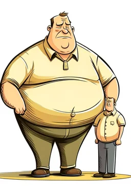 a fat man, sitting on a thin tall man. Cartoon.