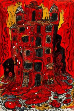 A red volcanic castle in a fiery realm painted by Jean Dubuffet