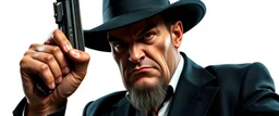 mean looking mafia thug with hot dog hand gun